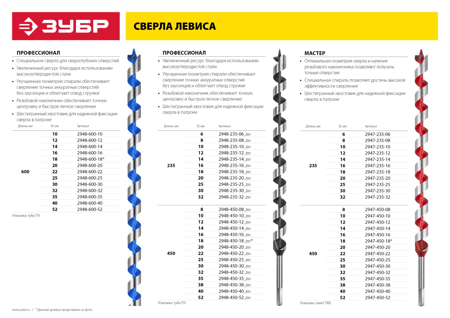 ЗУБР d 18 мм, 235/160 мм, HEX, сверло левиса по дереву (2947-235-18)